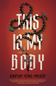 A rosary forms a snake shape over bold text reading "This Is My Body" on a red background.