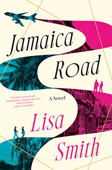 Book cover for "Jamaica Road" by Lisa Smith, featuring tropical and city scenes in blue and pink tones.