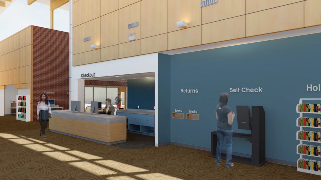 Library checkout area with a desk for staffed checkout, an automated self-check station, and a returns section nearby.