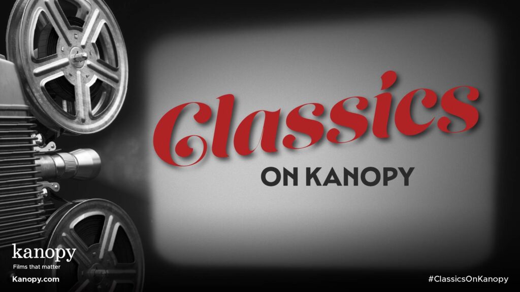 A vintage film projector with the words "Classics on Kanopy" in red and white text.