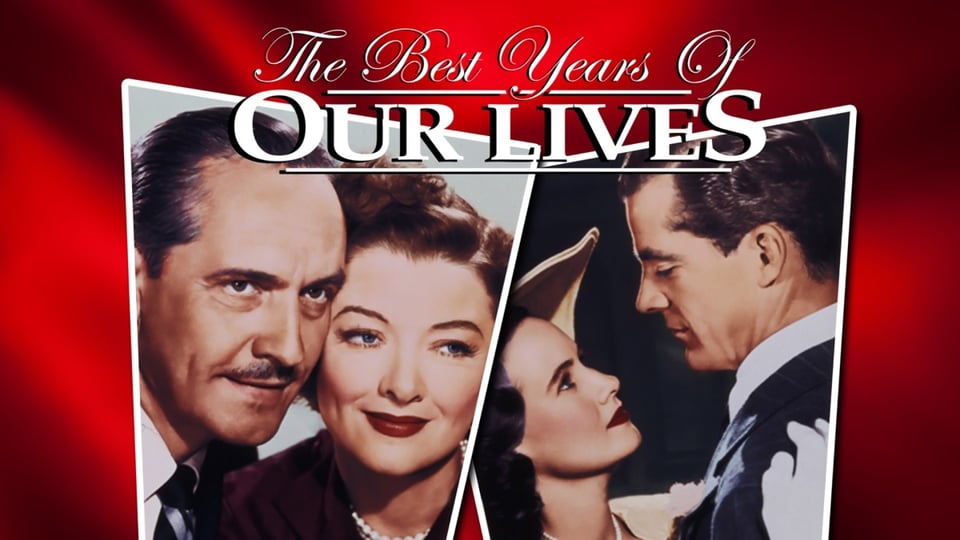Poster for the film "The Best Years of Our Lives" showing two couples against a red backdrop.