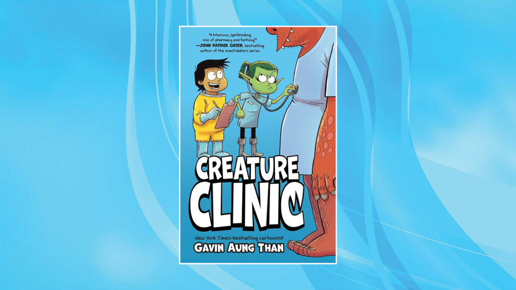 Cover of "Creature Clinic" shows two kids and a green alien standing next to a large red creature on a blue background.