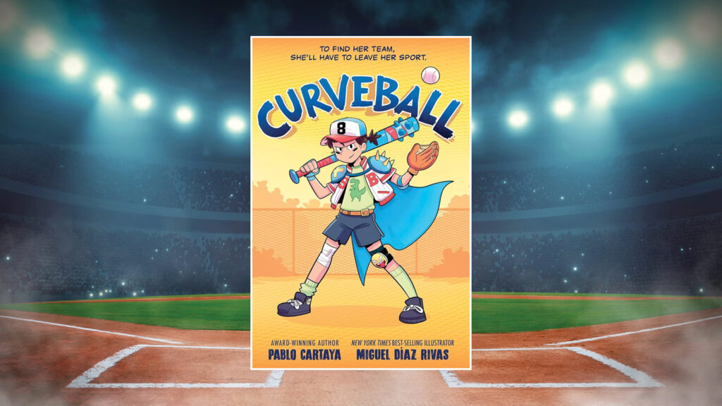Book cover for "Curveball" featuring a girl in baseball gear holding a bat, with a stadium in the background.