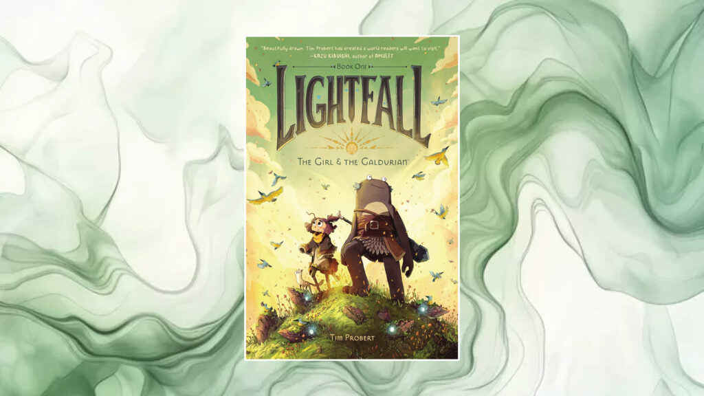 Book cover of "Lightfall: The Girl & the Galdurian" showing a girl and a creature in a glowing forest scene.