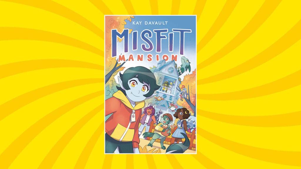 Comic book cover of "Misfit Mansion" showing diverse characters outside a spooky house, with a bright yellow background.