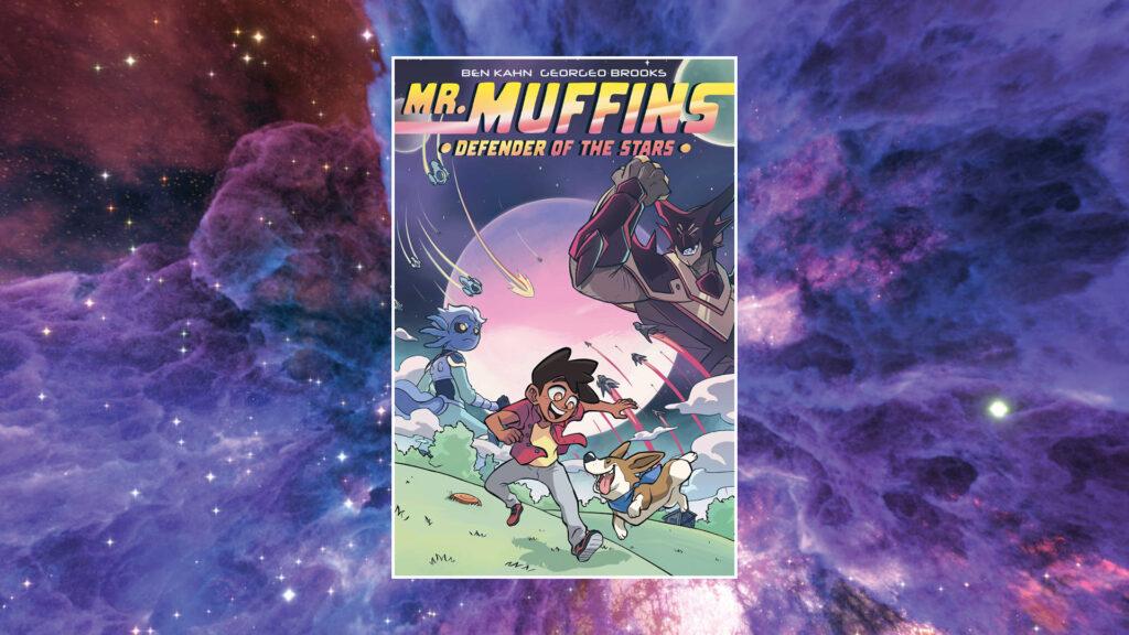 Comic book cover "Mr. Muffins: Defender of the Stars" over a colorful outer space background with nebula.
