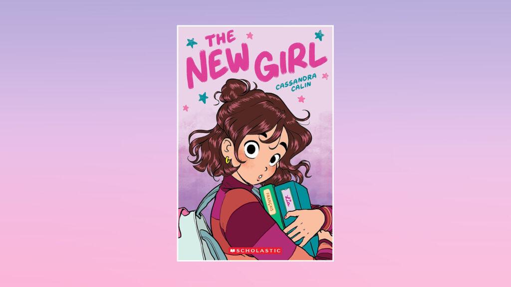 Illustration of a girl with brown hair holding books, titled "The New Girl" by Cassandra Calin.