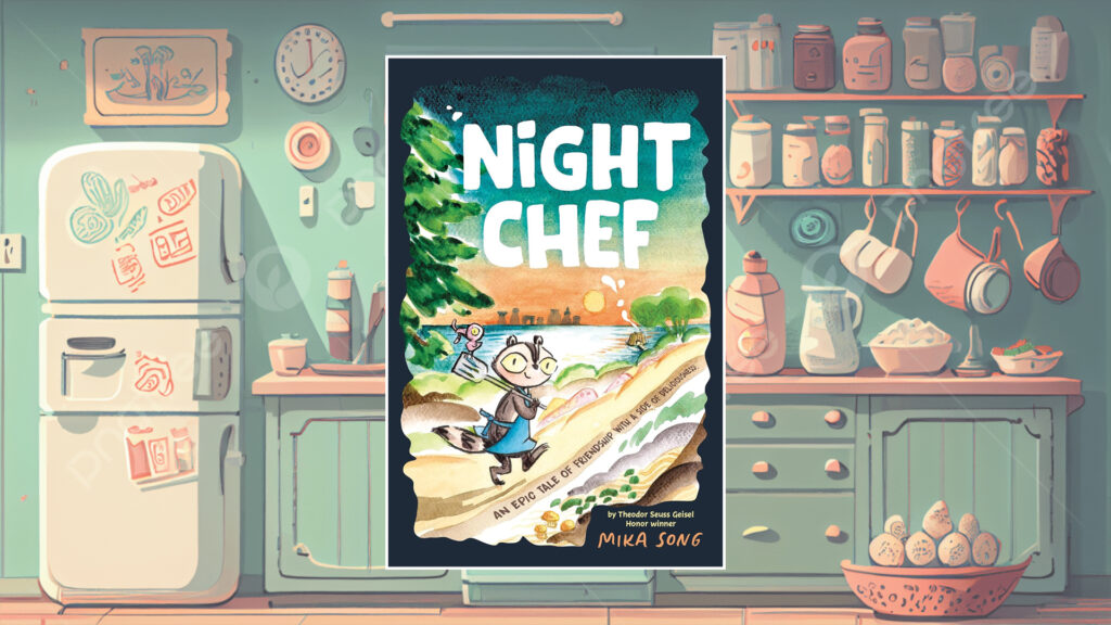 Book cover of "Night Chef" by Mira Song, featuring a raccoon chef holding a spoon in a cozy kitchen setting.
