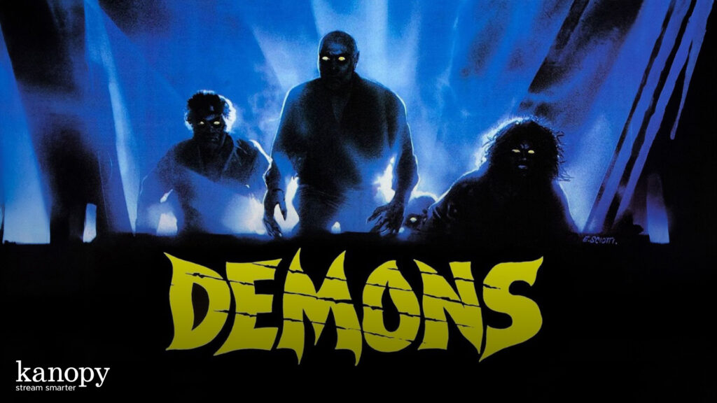 Three shadowy figures with glowing eyes stand under blue light above the yellow word “DEMONS.”.