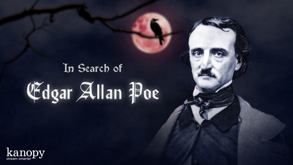 Portrait of Edgar Allan Poe, a red moon, and a crow on a branch with text: In Search of Edgar Allan Poe.