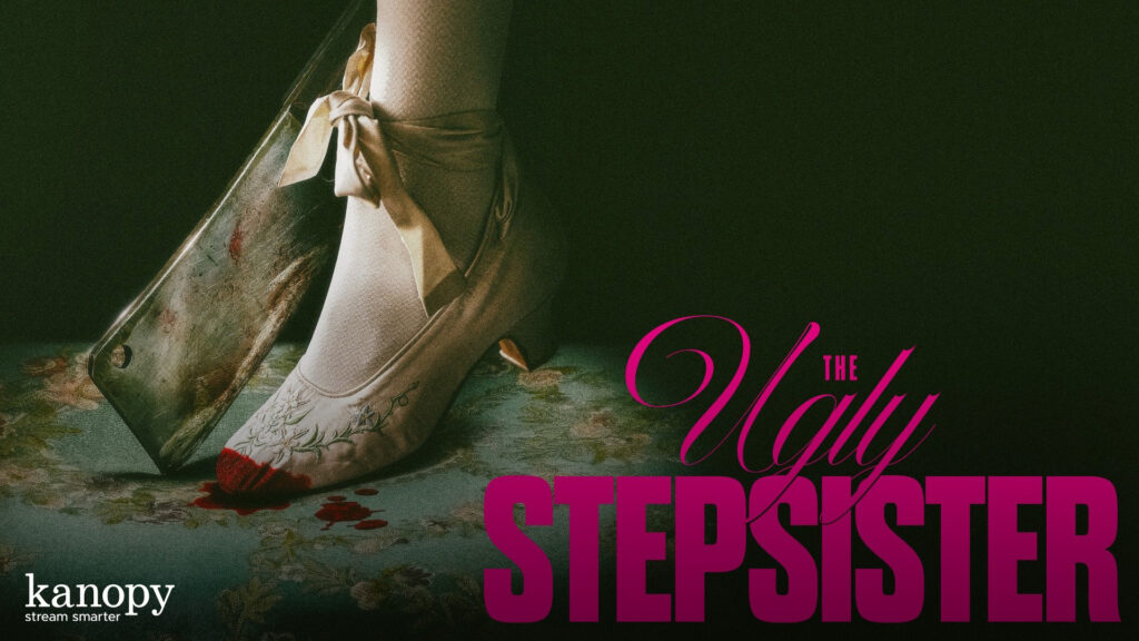 A foot in a white embroidered shoe, stained with blood, next to an axe; text reads “The Ugly Stepsister.”.