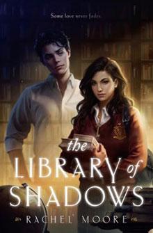 A man and a woman stand in a dimly lit library holding a book, with "The Library of Shadows" title above them.