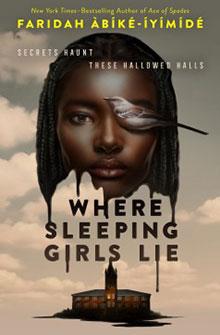 Book cover of "Where Sleeping Girls Lie" featuring a woman's face merged with a bird's beak, and a building below.