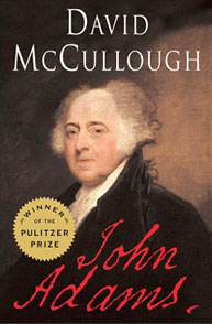 Cover of David McCullough's book “John Adams” with a portrait of John Adams and a Pulitzer Prize winner badge.