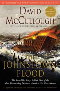 Cover of "The Johnstown Flood" by David McCullough, depicting a dramatic flood scene with buildings being swept away.