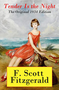 Cover of "Tender Is the Night" by F. Scott Fitzgerald, featuring a woman in a red dress sitting by the water with a dog.