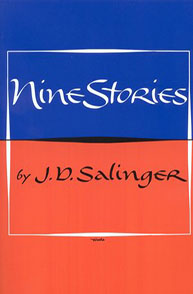 A book cover with the title "Nine Stories" by J.D. Salinger in stylized white text on a blue and red background.
