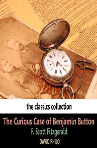 A vintage pocket watch and an old photo rest on an open book. Text: "The Curious Case of Benjamin Button" by F. Scott Fitzgerald.