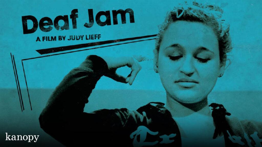 A young woman signs with her hand near her ear; text reads "Deaf Jam, a film by Judy Lieff.