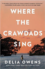 Cover of "Where the Crawdads Sing" by Delia Owens, showing a person in a boat on water at sunset with trees on both sides.