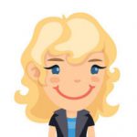 Illustration of a smiling person with curly blonde hair, blue eyes, and rosy cheeks wearing a black jacket over a blue top.