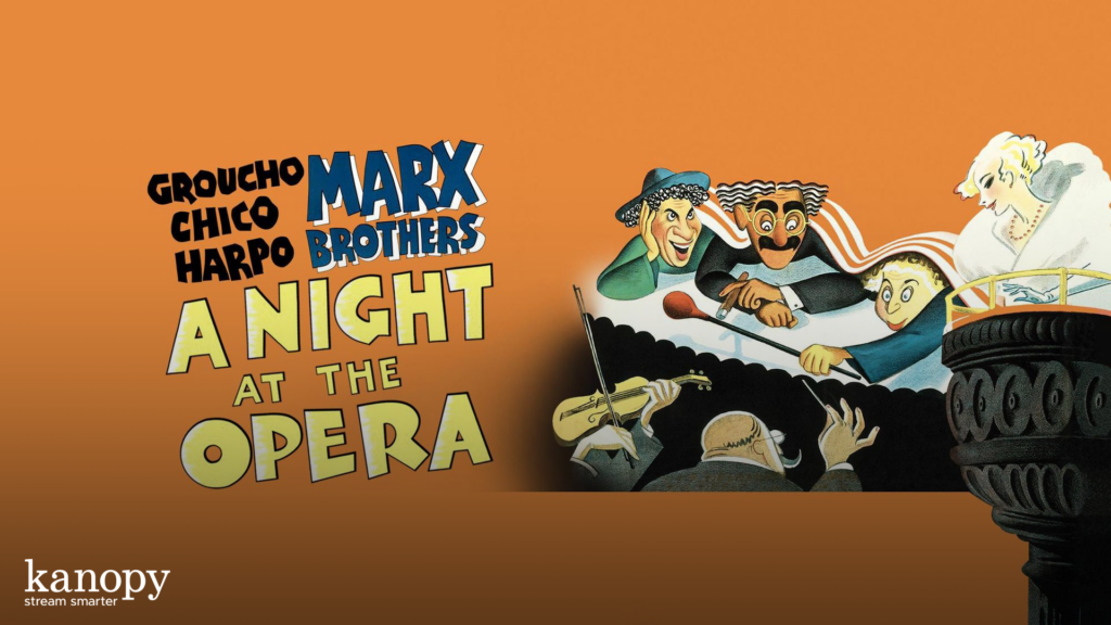 Vintage poster for “A Night at the Opera” with illustrated Marx Brothers at the opera, Kanopy logo bottom left.
