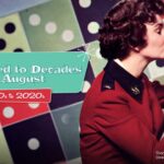 A woman kisses a man’s forehead. Retro decor and text read, “Dedicated to Decades in August: 1920s to 2020s.”.