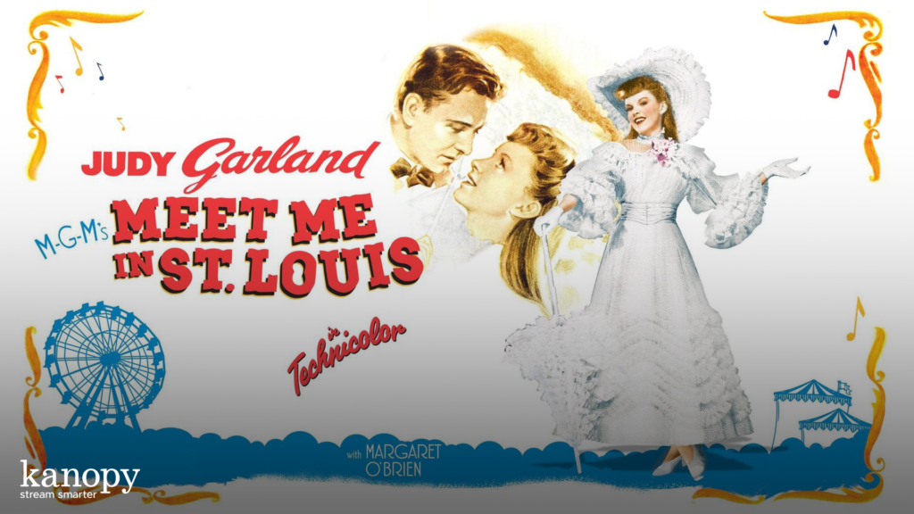Illustrated movie poster for “Meet Me in St. Louis” with Judy Garland in period costume and a Ferris wheel.
