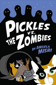 Book cover of "Pickles vs. The Zombies" featuring animals, including a cat in the foreground, and shadowy figures in the background.