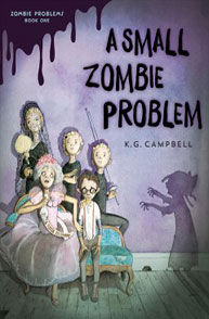 Book cover showing a family of five people looking surprised with a zombie shadow in the background. Title: A Small Zombie Problem.