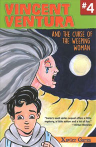 Book cover of "Vincent Ventura: And the Curse of the Weeping Woman" with an illustration of a scared boy and a ghostly woman.