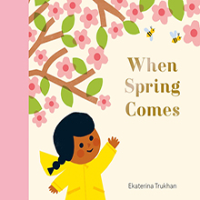 Illustration of a smiling girl in a yellow raincoat waving under blossoming pink flowers and flying bees.