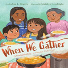 Four smiling people share food at a table; text reads "When We Gather: A Cherokee Tribal Feast.