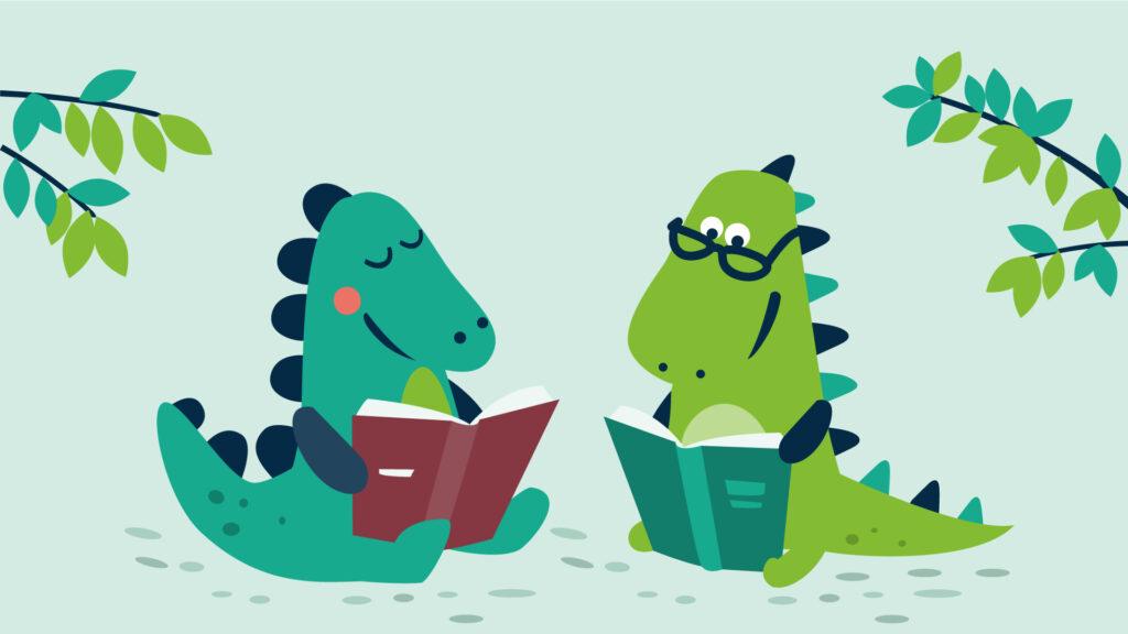 Two cartoon dinosaurs sit and read books under leafy branches; one wears glasses, both look happy.