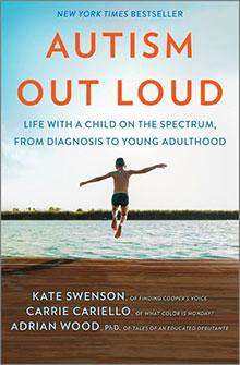 Book cover of "Autism Out Loud" showing a child with arms outstretched running on a wooden dock by the water.