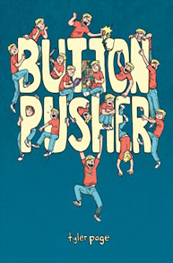 Cover of "Button Pusher" by Tyler Page, featuring cartoon characters interacting with the title text.