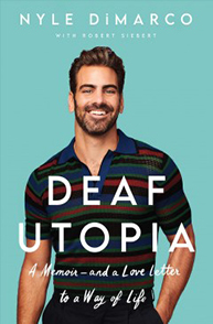 Book cover of "Deaf Utopia" featuring a smiling man in a striped shirt against a light blue background.