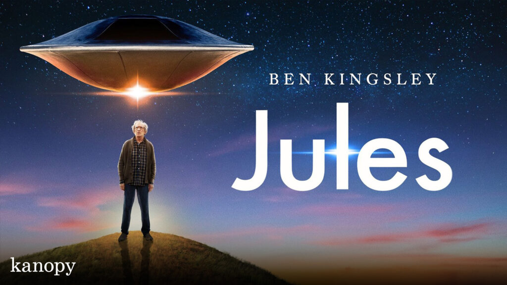 An older man stands on a hill under a hovering UFO at sunset, with "Jules" and "Ben Kingsley" in large text.