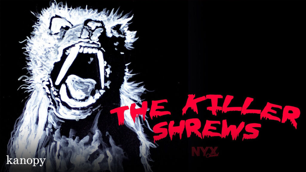 A snarling shrew illustration with "The Killer Shrews" in bold red letters on a black background.