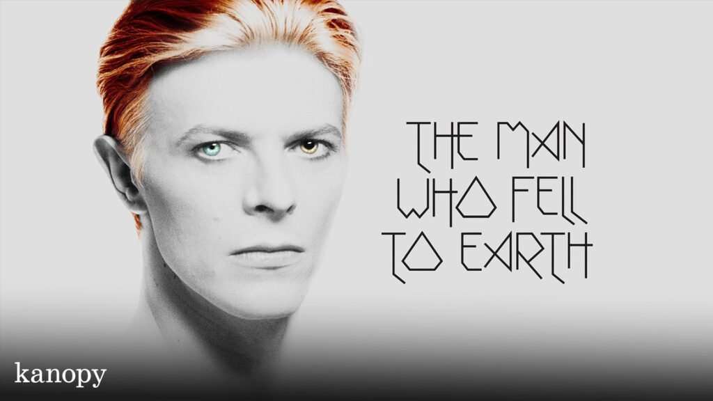 A pale person with red hair and heterochromia next to text: "The Man Who Fell To Earth." Kanopy logo at bottom.
