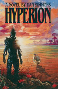 Cover of the novel "Hyperion" featuring a dark figure in an alien landscape, with a ship and futuristic structures in the background.