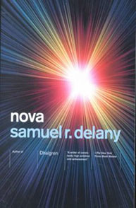 Cover of the book "Nova" by Samuel R. Delany, featuring multicolored rays of light radiating from a central point.