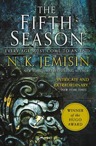 Cover of "The Fifth Season" by N.K. Jemisin, featuring a dark textured background and the text "Winner of the Hugo Award.