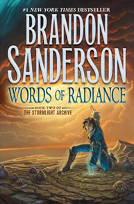 Cover of "Words of Radiance" by Brandon Sanderson, featuring a man on a stormy landscape holding a glowing sword.
