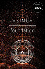 Dark sci-fi themed artwork for "Foundation" on Apple TV+, based on Asimov's work, with abstract circular patterns.
