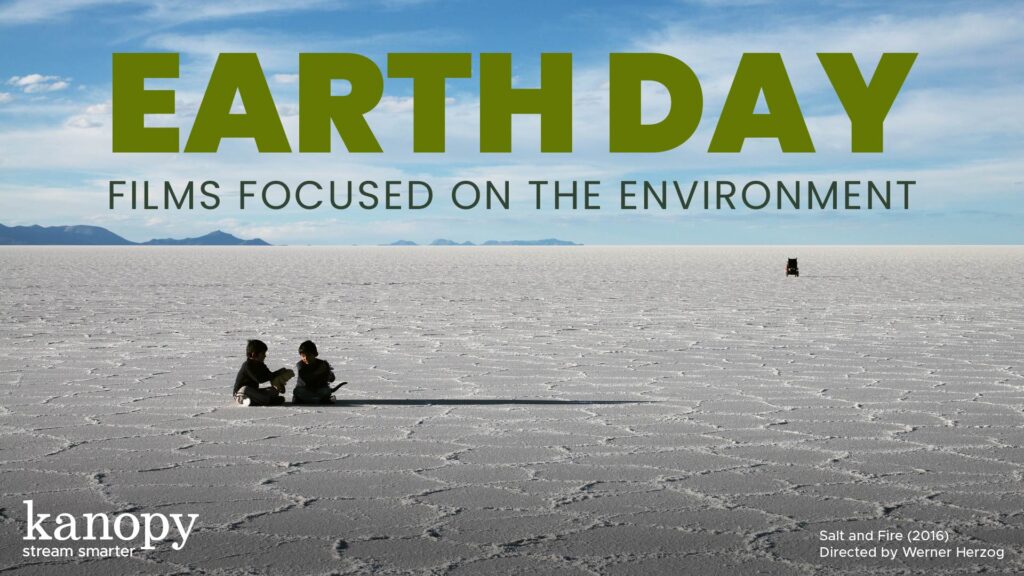 Two people sit on a vast salt flat under a blue sky with text: Earth Day, films focused on the environment.