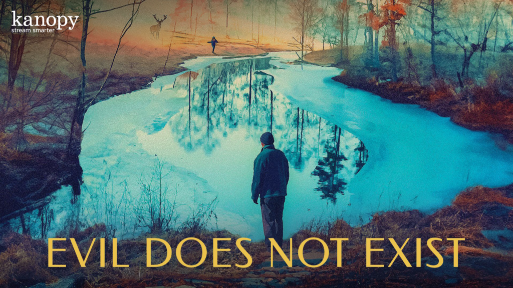 A person stands by a partially frozen river at sunset; text reads "EVIL DOES NOT EXIST.