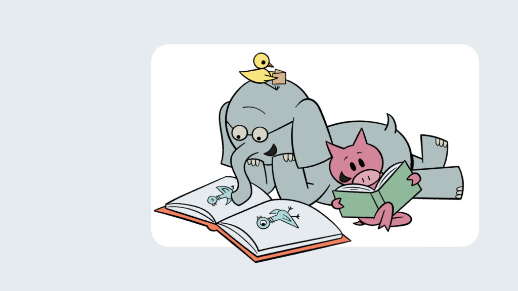 An elephant and a pig read books together, with a yellow bird sitting on the elephant's head.