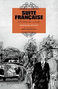 Book cover: "Suite Française: Storm in June" features a black-and-white illustration of a car and people evacuating.