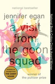 Book cover of "A Visit from the Goon Squad" by Jennifer Egan, featuring abstract colorful designs and award mentions.